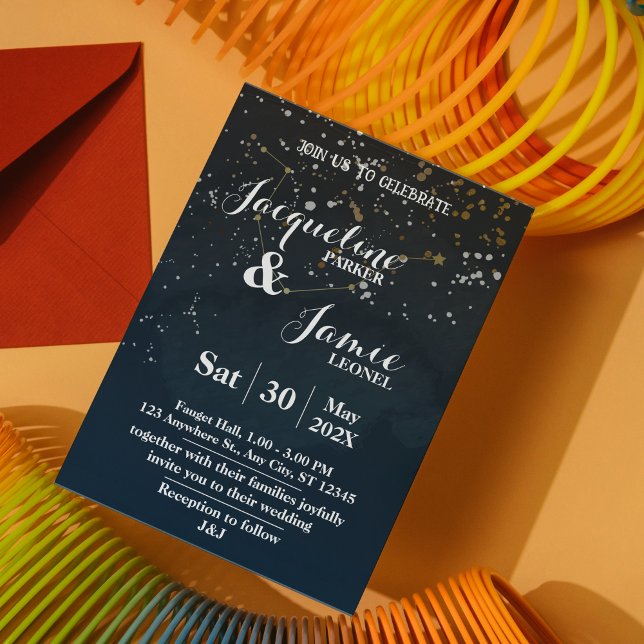 Modèle de faire-part de mariage céleste Navy & Or (Navy and Gold Night Sky Wedding Invitation Template)