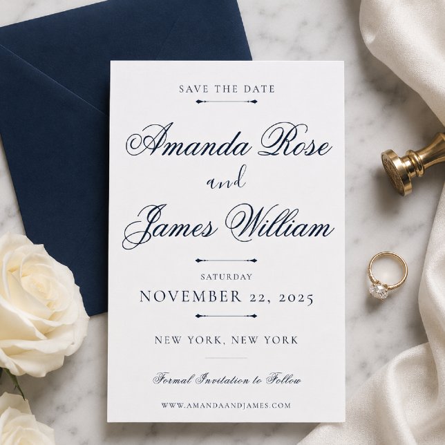 Modèle de faire-part de mariage de luxe minimal Na (Elegant navy Save the Date on marble with timeless luxury styling.)