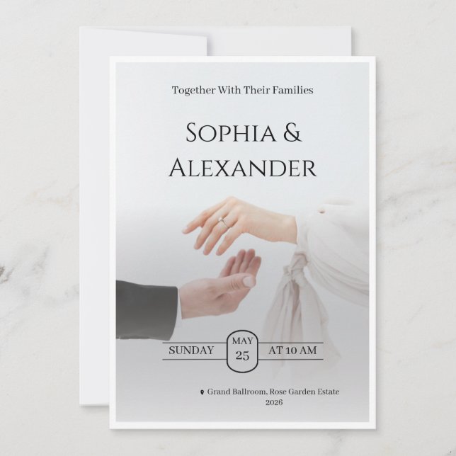 Modèle de faire-part de mariage élégant noir et or (Devant)