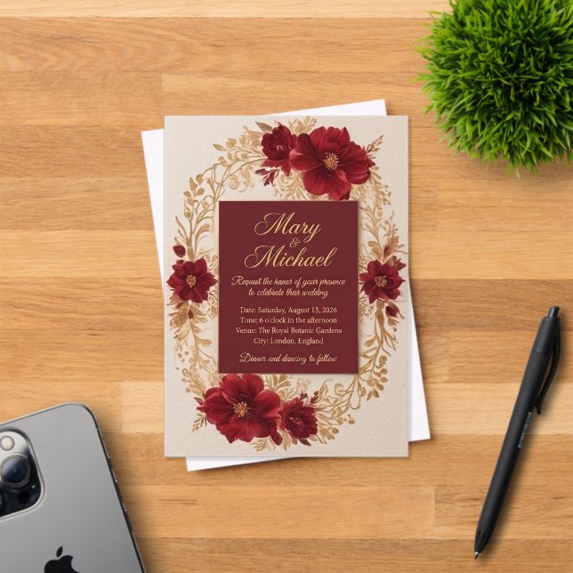 Modèle de faire-part de mariage floral Bourgogne d (Insitu (Carte d'invitation))