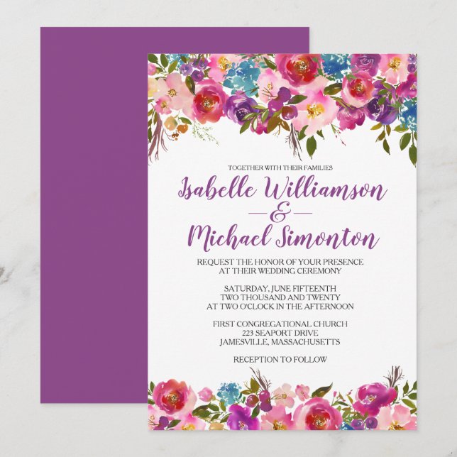 Modèle de Faire-part de mariage floraux violets (Devant / Derrière)