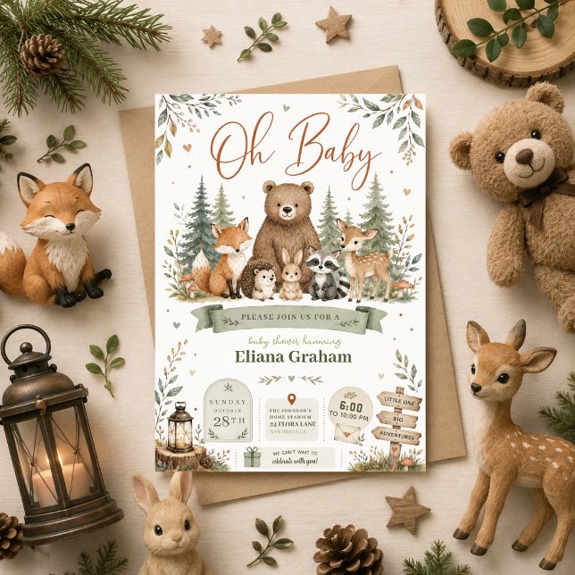 Modèle de faire-part de naissance Baby Woodland Ba (Créateur téléchargé)