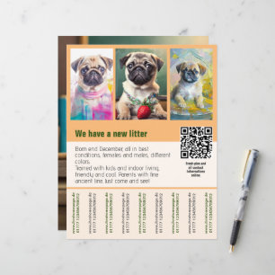 Modèle de flyer de vente de chiots Pug avec code Q