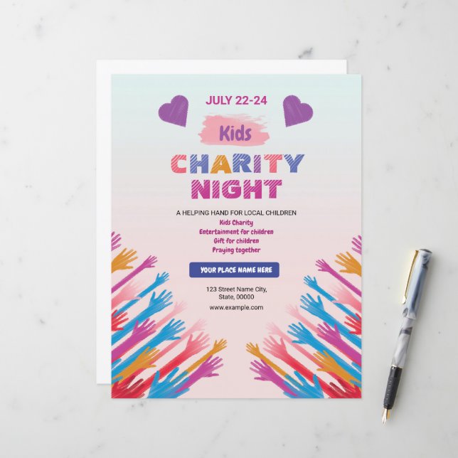 Modèle de flyer pour soirée caritative pour enfant (Devant/Arrière en situation)