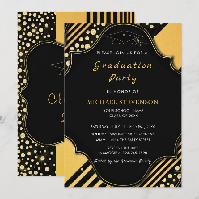 Modèle de l'invitation de graduation encadrée d'or (Devant / Derrière)
