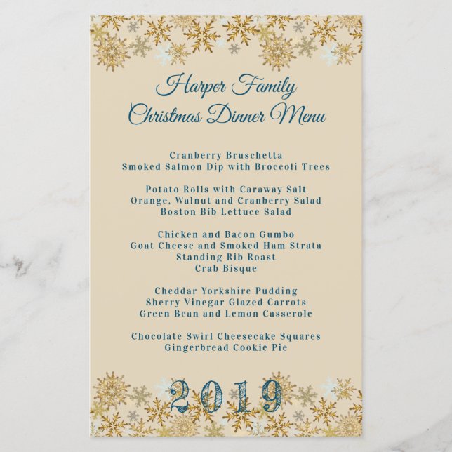 Modèle de menu de dîner de Noël Flocons de neige d (Devant)