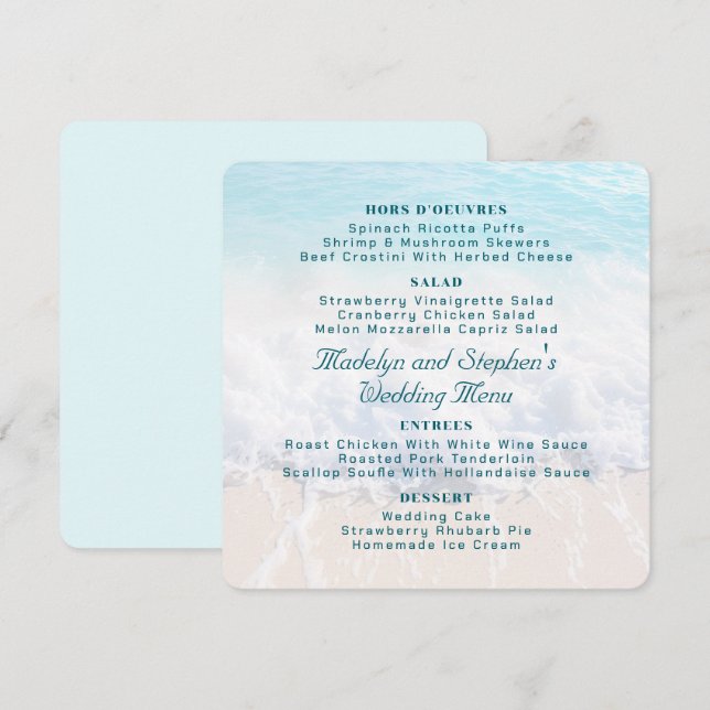 Modèle de menu de mariage avec fond de plage carré (Devant / Derrière)