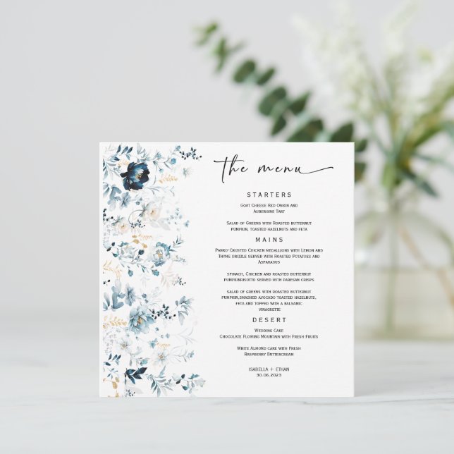 Modèle de menu de mariage bleu marine et or (Debout devant)