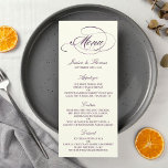 Modèle de menu de mariage chic faux prune feuille<br><div class="desc">Célébrez dans le style avec ces cartes de menu tendance. La formulation est facile à personnaliser et vos invités de dîner seront ravis lorsqu'ils recevront ces menus super stylés.</div>