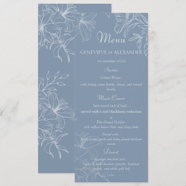 Modèle de menu de mariage floral Lily blanc bleu p (Devant / Derrière)