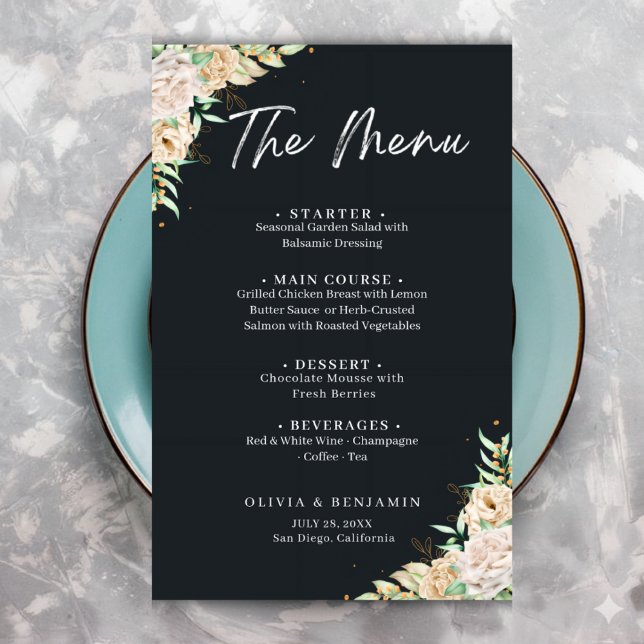 Modèle de menu de mariage floral noir élégant (Créateur téléchargé)