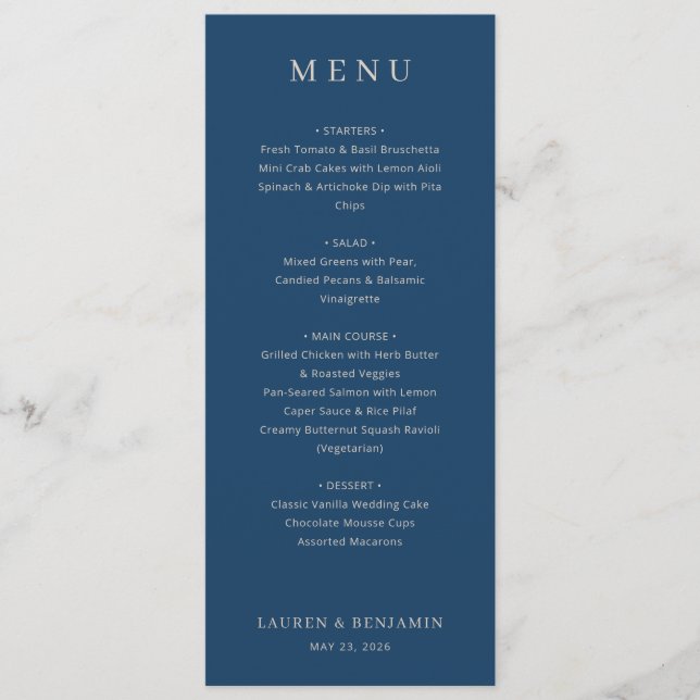 Modèle de menu élégant marine (Devant)