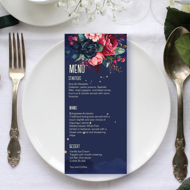 Modèle de menu fleurs bleues roses bleu marine (Créateur téléchargé)