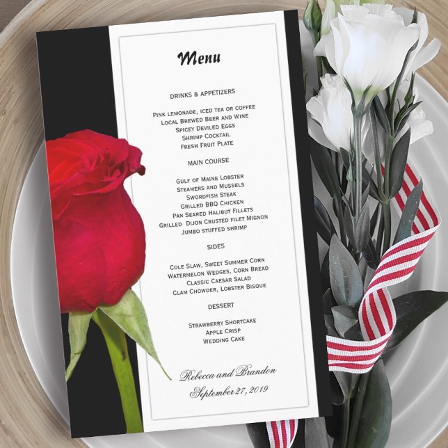 Modèle de menu Mariage noir et blanc Rose rouge (Créateur téléchargé)