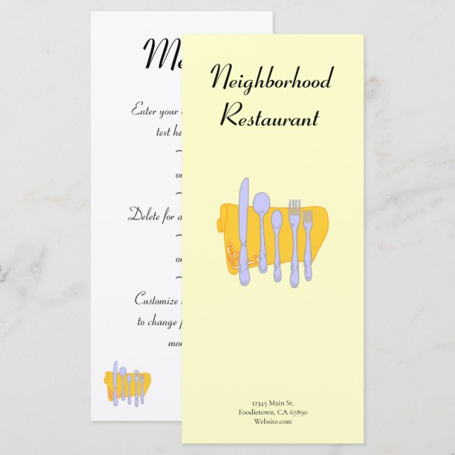 Modèle de menu personnalisé Serviettes Vaisselle 4 (Devant / Derrière)