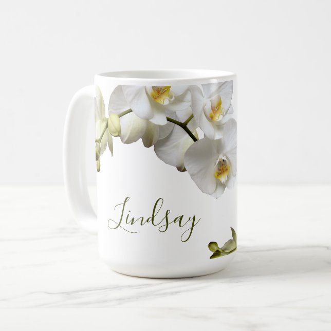Modèle de nom d'orchidées blanches Mug Cadeau Élég (Devant gauche)