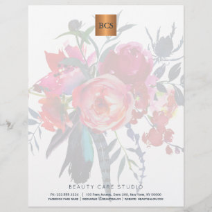 Modèle De Papier À En-tête Floral élégant or métallique cuivre monogrammé