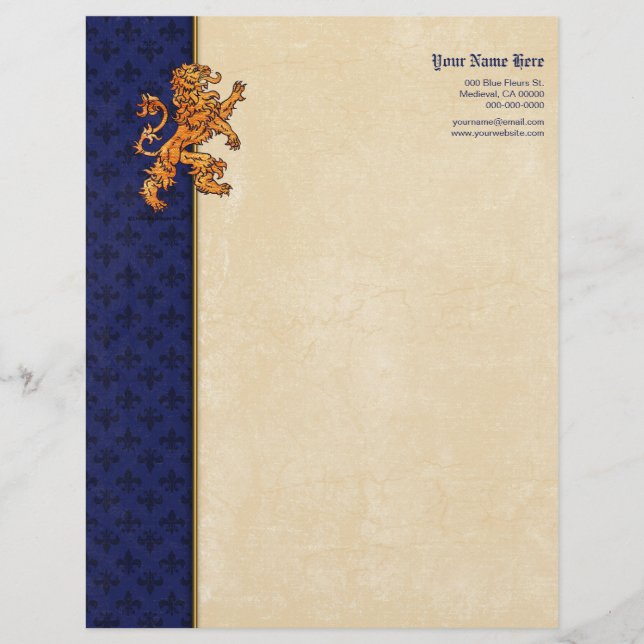 Modèle De Papier À En-tête Lion médiéval Blue Fleur de Lis d'or (Devant)