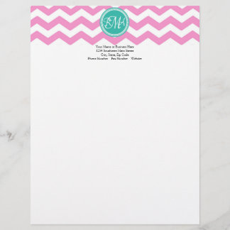 Modèle De Papier À En-tête Monogramme Pink et Turquoise Chevron Custom
