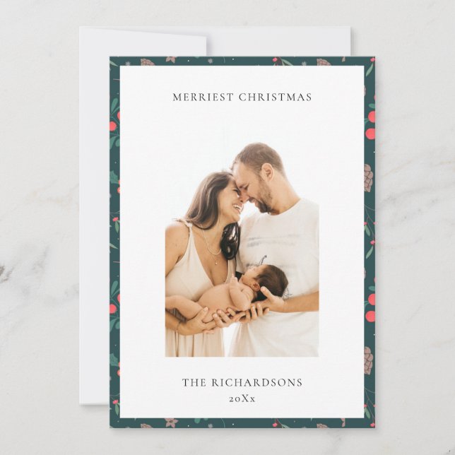 Modèle de photo de Noël fleuri vert rouge joyeux (Devant)
