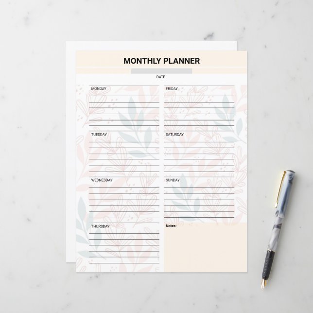 Modèle de planificateur mensuel (Devant/Arrière en situation)