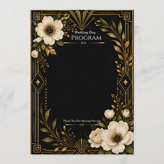 Modèle de programme de mariage noir et or Art Déco (Devant)