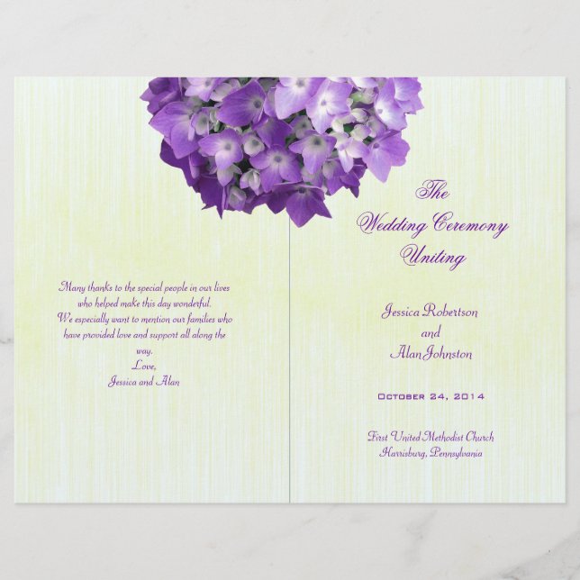 Modèle de programme de mariage plié aux hortensias (Devant)