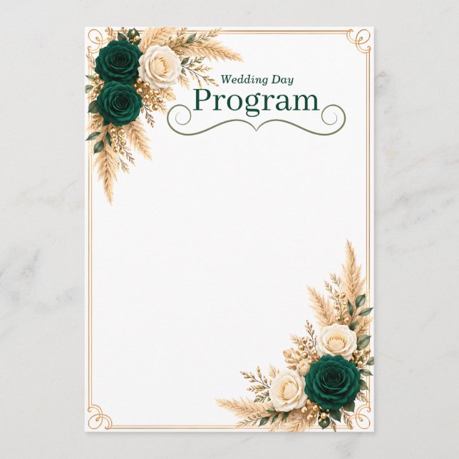 Modèle de programme de mariage vert émeraude et or (Devant)