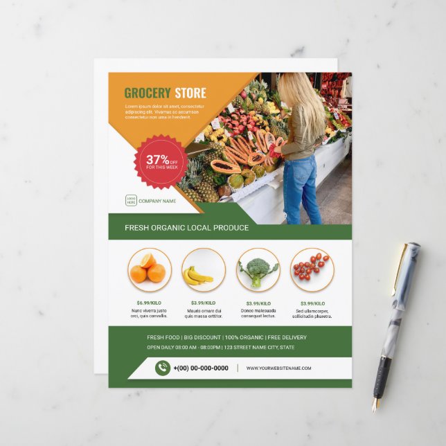 Modèle de prospectus de magasin d'alimentation (Devant/Arrière en situation)