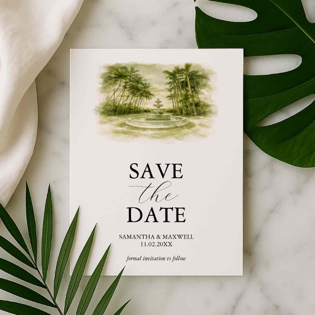 Modèle de sauvegarde de date de lieu à l'aquarelle (Watercolor venue save the dates Gran Paraiso Gardens, FL by Victoria Grigaliunas of Do Tell A Belle)