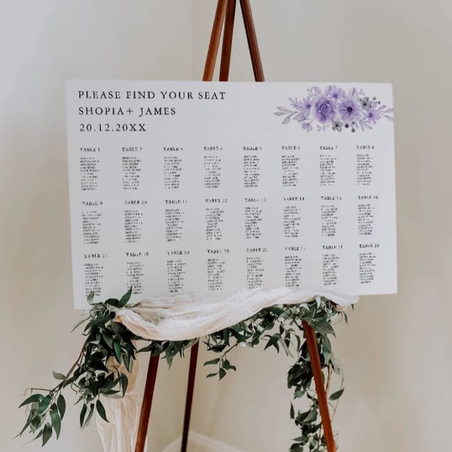 Modèle de tableau de sièges Mariage violet (Purple Wedding Seating Chart Template)