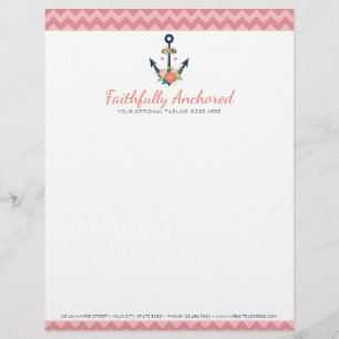 Modèle D'en-tête De Lettre Ancre florale Foi nautique Marine et Coral Chevron