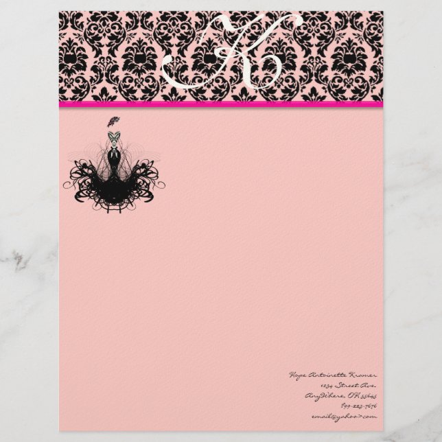 Modèle D'en-tête De Lettre Diva de la mode 2 Framboise rose Monogramme Damass (Devant)