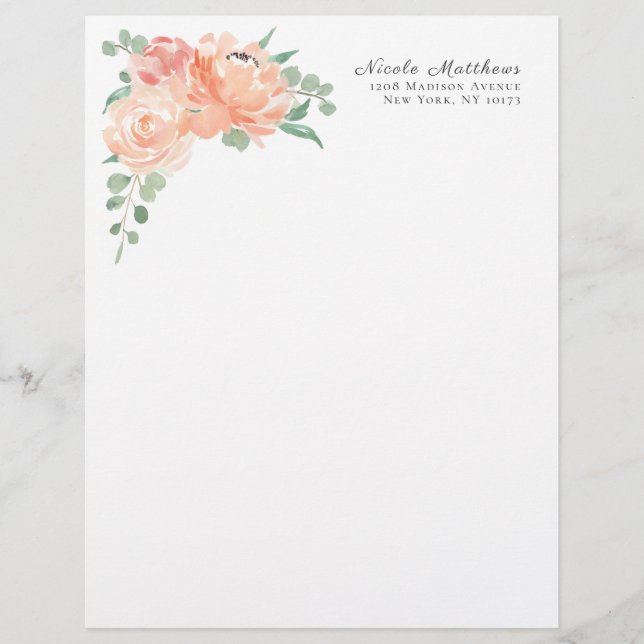 Modèle D'en-tête De Lettre Peach et rose aquarelle Floral Personnalisé (Devant)