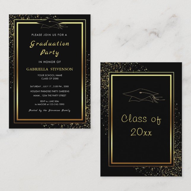 Modèle d'invitation à la graduation Black Gold per (Devant / Derrière)