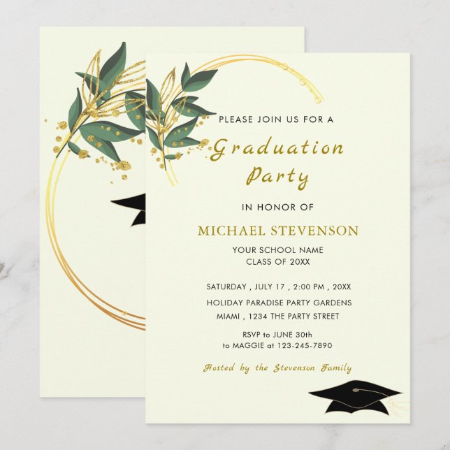 Modèle d'invitation à la graduation d'or Feuille p (Devant / Derrière)