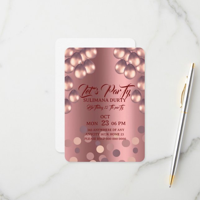 Modèle d'invitation d'anniversaire Rose Gold: Allo (Devant/Arrière en situation)