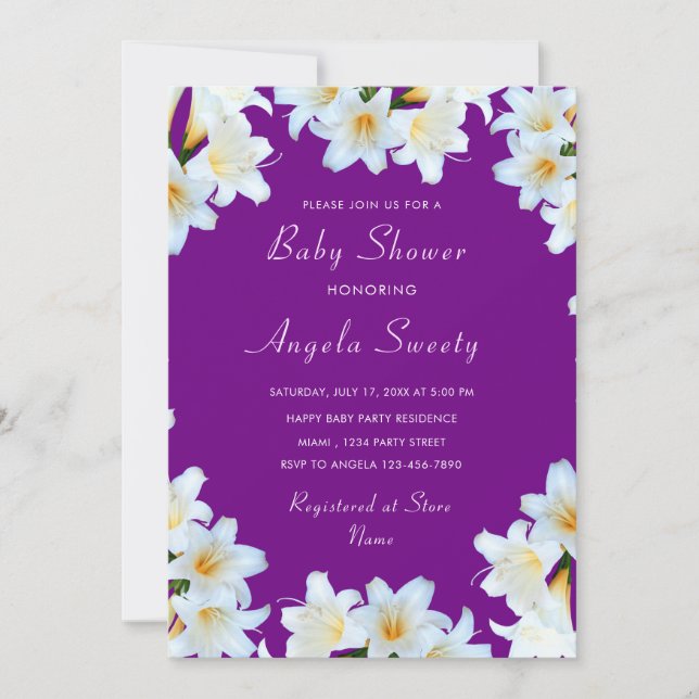 Modèle d'invitation de Baby shower blanc Lily viol (Devant)