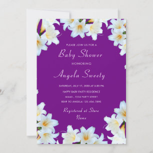 Modèle d'invitation de Baby shower blanc Lily viol