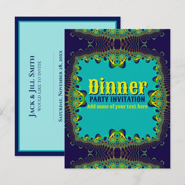 Modèle d'invitation de dîner bleu vert jaune (Devant / Derrière)