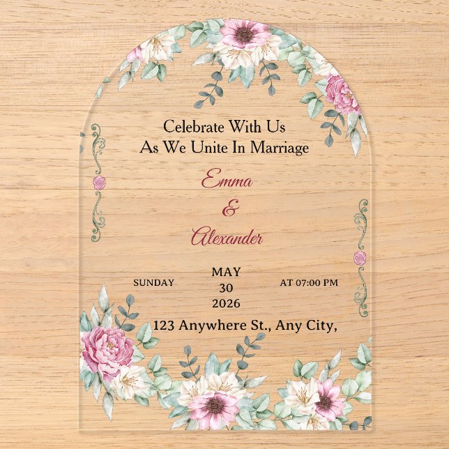 Modèle d'invitation de mariage à arche florale rom (Recto)