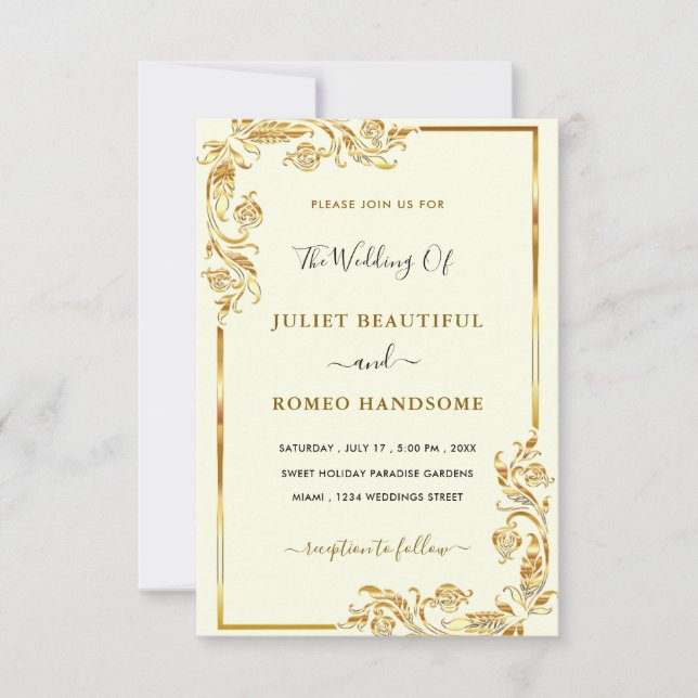 Modèle d'invitation de mariage à cadre floral or (Devant)