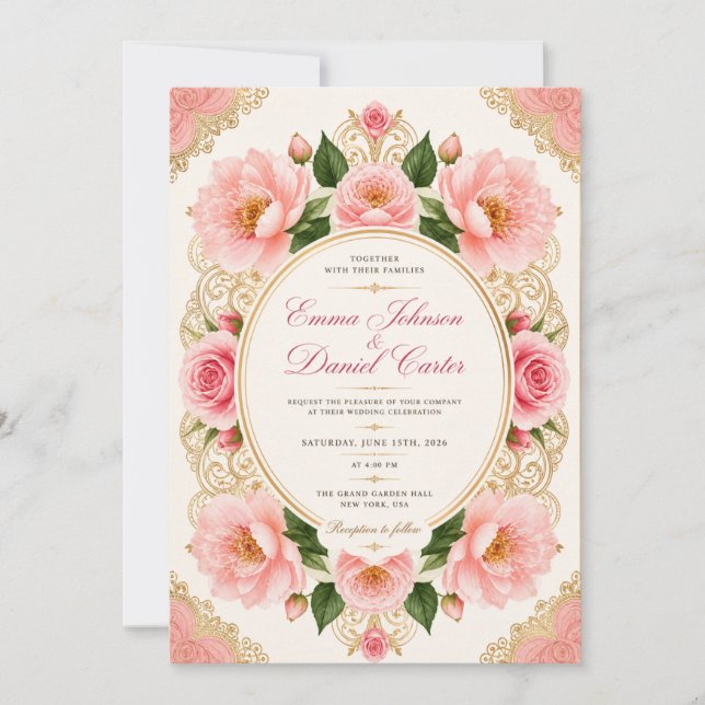 Modèle d'invitation de mariage à l'aquarelle rose  (Devant)