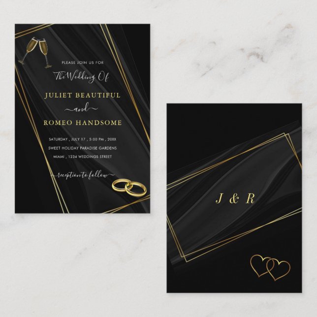 Modèle d'invitation de mariage encadré d'or noir (Devant / Derrière)