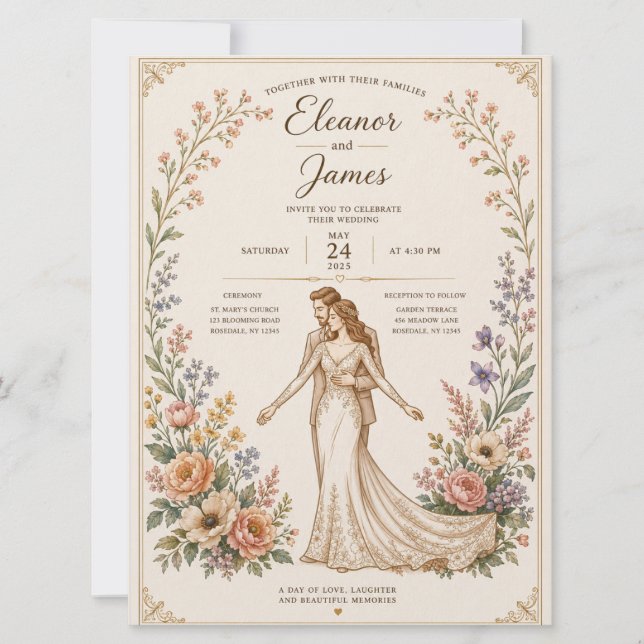 Modèle d'invitation de mariage floral élégant (Devant)