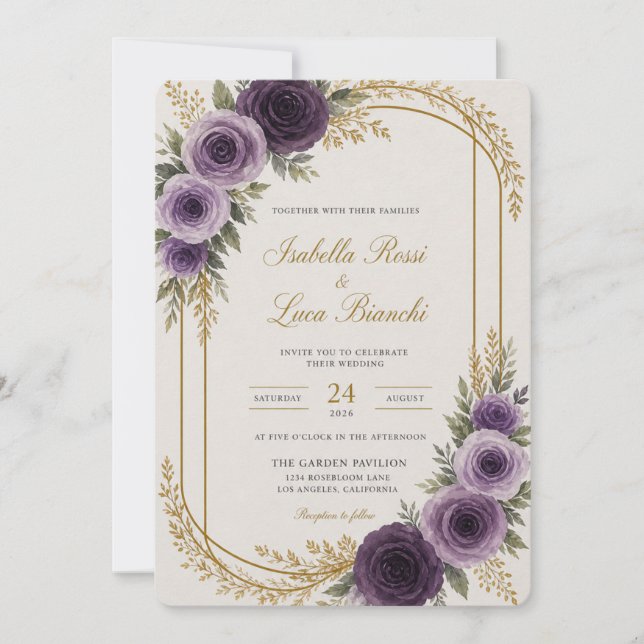 Modèle d'invitation de mariage floral violet éléga (Devant)