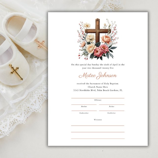 Modèle du certificat de baptême catholique croisée (Floral Cross Catholic Baptism Certificate Template)