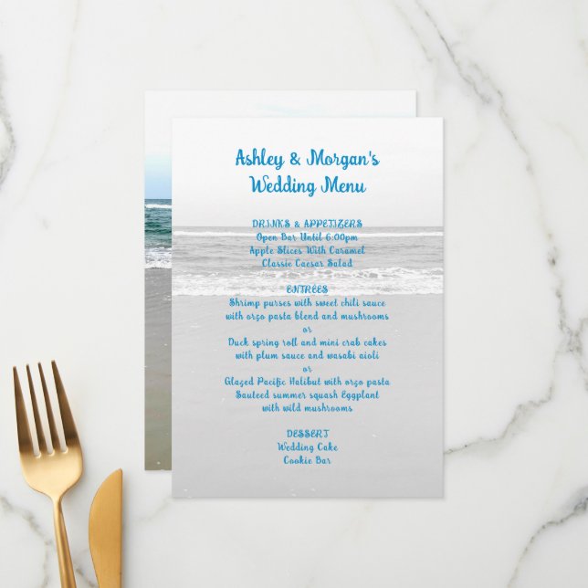 Modèle du menu Mariage bord de mer (Devant/Arrière en situation)