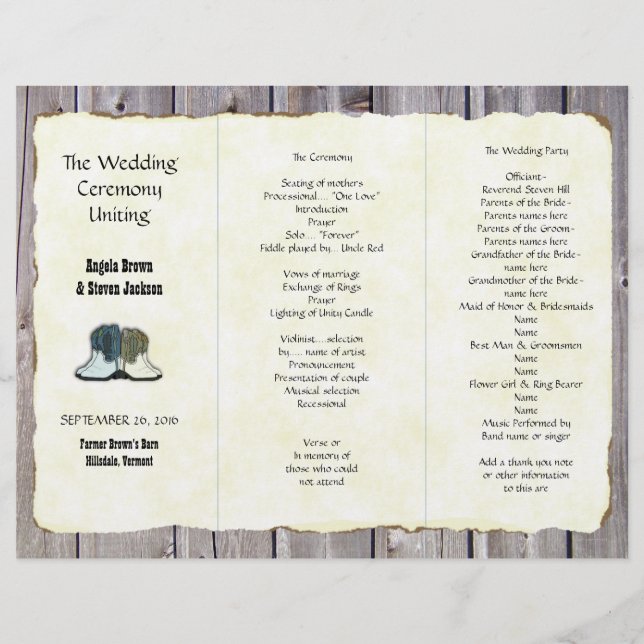 Modèle du programme de Mariage campagnard des bott (Devant)