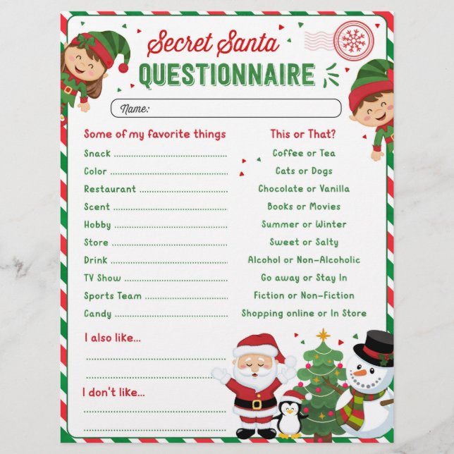 Modèle du questionnaire de Noël Secret Père Noël (Devant)